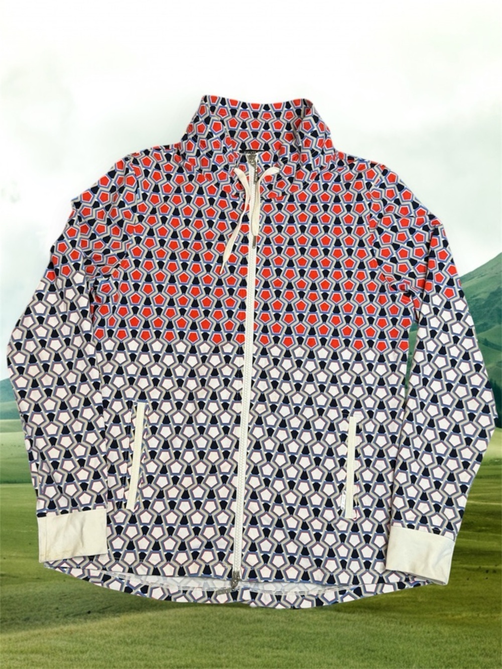 Bylyse Women's Patterned Zip-Front Jacket in Red, Navy & White sz M Activewear
